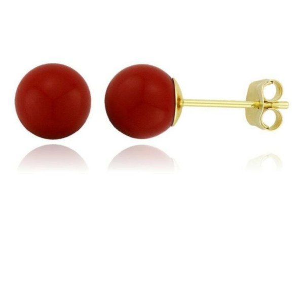 14K Solid Gold Red Coral Ball Push Back Stud Earrings Size 8mm - Picture 1 of 2